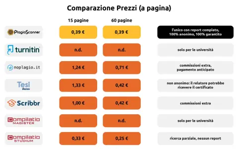 Confronto prezzi servizi antiplagio: Turnitin, Scribbr e altri. Prezzi per 15 e 60 pagine, con note su anonimato e commissioni.