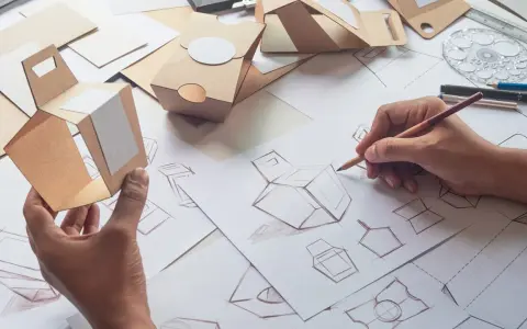Hände skizzieren und falten Kartonmodelle für ein Produktdesign Studium. Verschiedene Verpackungsentwürfe liegen auf dem Tisch.