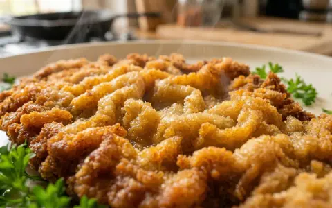 Heiß dampfendes paniertes Schnitzel, goldbraun gebraten. Wie lange paniertes Schnitzel braten? Perfekt knusprig!