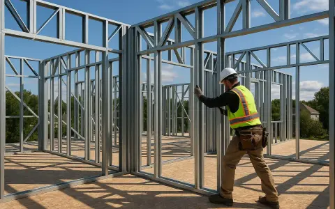 Obrero trabajando en la construccion steel framing de una casa. El sol ilumina la estructura metálica.