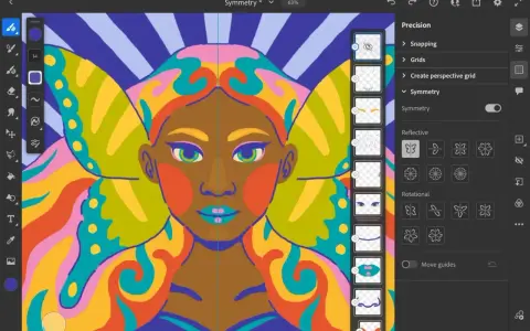 Kolorowy portret kobiety z motylimi skrzydłami, tworzony w programie Adobe Fresco z włączoną symetrią.