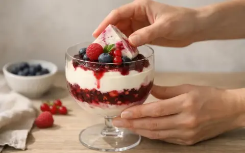 Verrine de dessert aux fruits rouges et crème, garnie d'une feuille de menthe.