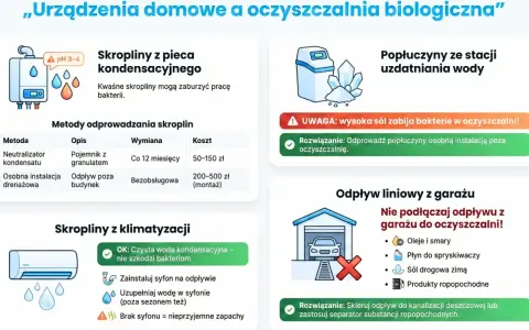 Unikaj proszku do prania, który może zaszkodzić bakteriom w oczyszczalni biologicznej. Informacje o skroplinach z pieca, klimatyzacji, stacji uzdatniania wody i garażu.