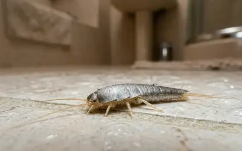 Un pececillo de plata, con su cuerpo plateado y escamas brillantes, se arrastra sobre baldosas húmedas del baño.