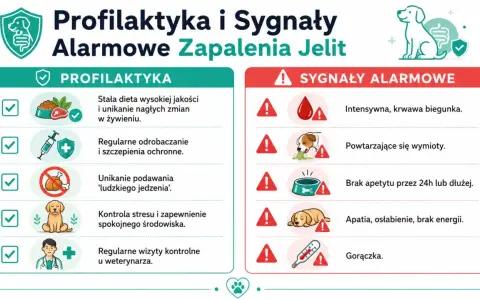 Profilaktyka i sygnały alarmowe zapalenia jelit u psa: krwawa biegunka, wymioty, brak apetytu, apatia, gorączka.