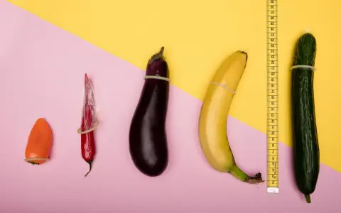 Pomarańczowa papryczka, czerwona papryczka chili, bakłażan, banan i ogórek, każdy w prezerwatywie, ułożone od najmniejszego do największego. Wygląda, jakby zmniejszył mi się członek.