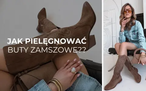Jak pielęgnować buty zamszowe? Stylowa kobieta w jeansowej sukience i brązowych kozakach pokazuje, jak dbać o zamsz.