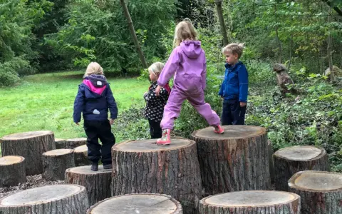 Barn i skogen leker på stubbar. En flicka i lila overall balanserar på en hög stubbe, medan andra barn tittar på eller klättrar.