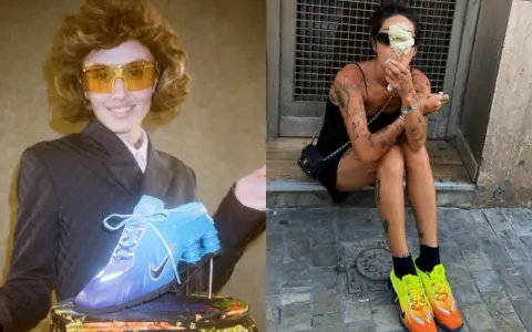 Dwie stylizacje z butami Nike. Po lewej modelka w niebieskich, futurystycznych butach, po prawej osoba w neonowych, pomarańczowo-żółtych. Czy to najbrzydsze buty Nike?