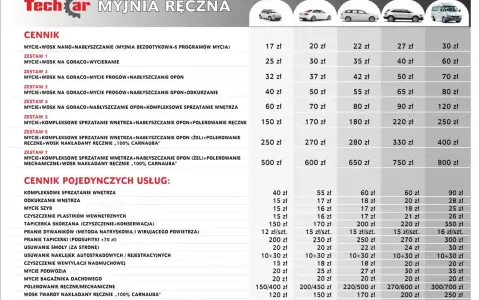 Cennik usług myjni samochodowej: od mycia z woskiem po kompleksowe sprzątanie wnętrza i polerowanie. Sprawdź koszt myjni samochodowej dla różnych pakietów i usług.