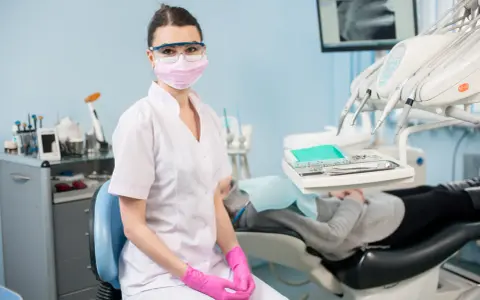 Asystentka stomatologiczna w masce i okularach ochronnych siedzi w gabinecie.