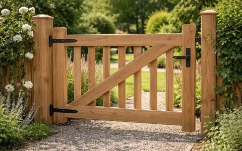 En vacker trägrind, perfekt för att bygga in din trädgård. Den har en robust design med svarta gångjärn och handtag.