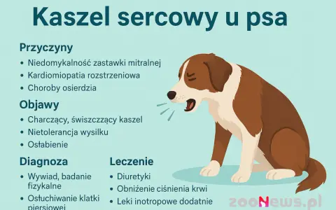 Ilustracja przedstawia psa z objawami kaszlu sercowego: charczący kaszel, nietolerancja wysiłku.