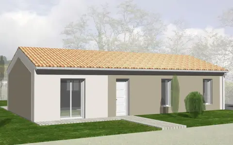 Une maison moderne avec toit en tuiles, idéale pour construire maison pour 80 000 euros. Pelouse verte et ciel nuageux.