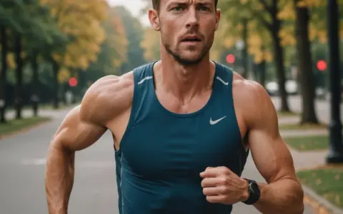 Mężczyzna w sportowym topie biegnie ulicą, skupiony na swoim oddechu. Właściwe jak oddychać podczas biegu to klucz do wytrzymałości.