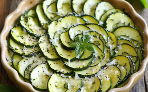 Un délicieux tian de courgettes, joliment disposé en spirale, parsemé d'herbes et de fromage râpé, avec une touche de basilic frais au centre.