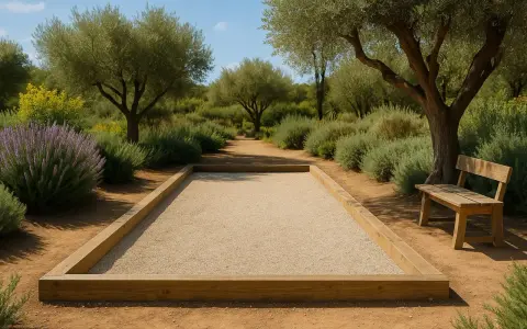 Terrain de pétanque en gravier, bordé de bois, sous des oliviers. La réglementation du jeu est respectée pour ce lieu paisible.