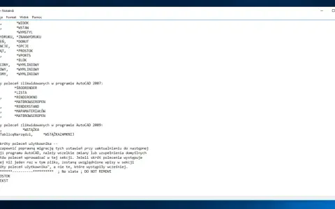 Lista skrótów autocad z podziałem na wersje programu i sekcję użytkownika.