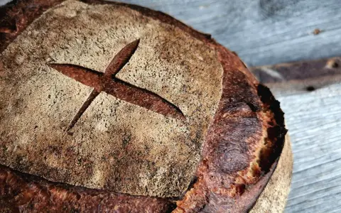Ein frisch gebackenes Brot mit dunkler Kruste und einem Kreuzschnitt. So wird selbstgebackenes Brot dunkel: durch die Maillard-Reaktion beim Backen.