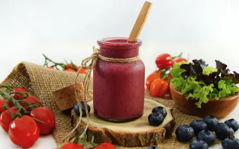 Ein Glas Smoothie, umgeben von frischen Tomaten und Heidelbeeren, die zum Stopfen einladen.