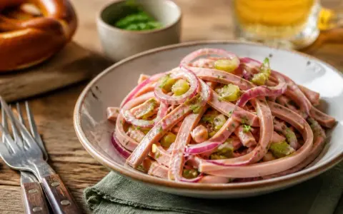 Ein köstlicher schweizer wurstsalat mit roten Zwiebeln und Gurken, serviert in einer Schüssel auf einem Holztisch.