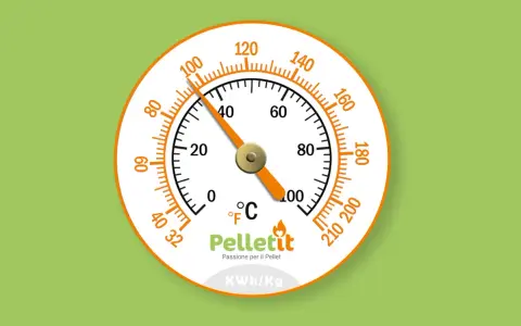 Termometro che indica il potere calorifico del pellet in KWh/Kg. La lancetta segna circa 40.
