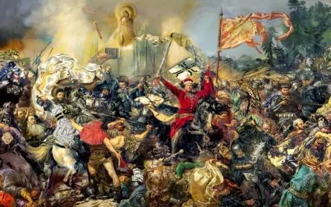 Obraz przedstawia zgiełk bitwy, gdzie rycerz w czerwieni na czarnym koniu unosi miecz. W tle widać postać Matki Boskiej, sugerującą boską interwencję w największej bitwie średniowiecza.