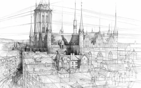 Szkic architektoniczny miasta z dominującą katedrą i licznymi dachami. W tle widać góry, a na pierwszym planie tramwaj. Tło pod rysunkiem jest białe.