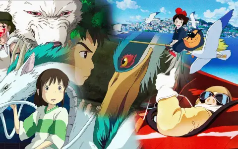 Collage di film di Studio Ghibli: Chihiro con Haku, San e il lupo, Kiki con Jiji e Porco Rosso in aereo.