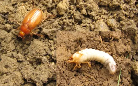 Un scarabée brun et sa larve blanche dans la terre. La larve de scarabée se nourrit des racines.