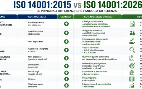 Confronto ISO 14001:2015 vs 2026: esempi di iperbato nella struttura dei requisiti e nell'approccio strategico.