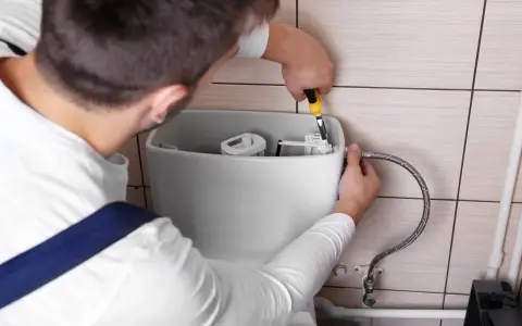 Un plombier répare une chasse d'eau qui coule. Il utilise une pince pour ajuster le mécanisme interne du réservoir.