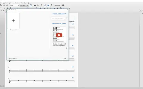 Finestra di avvio per creare spartito online. Include opzioni per trovare musica e tutorial.