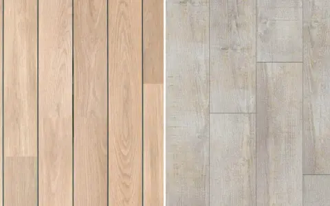Dos muestras de suelo laminado biselado. A la izquierda, lamas de madera clara con vetas marcadas. A la derecha, lamas de madera desgastada en tono beige.