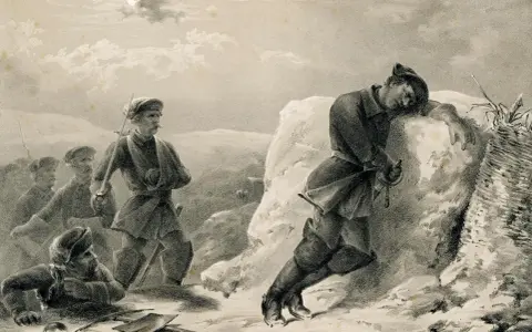 Soldater i snölandskap. En man vilar mot en sten, kanske en bild av hur dog Karl XII.