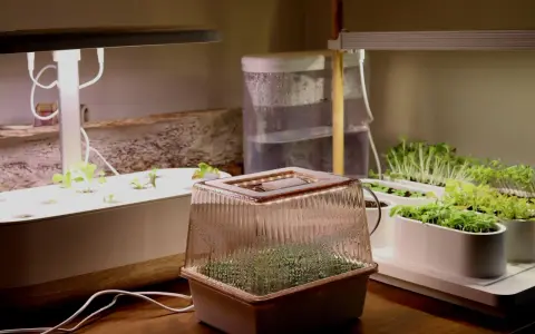 Odla stevia och andra örter i ett inomhusodlingssystem med LED-lampor. Små plantor växer i flera behållare under ljuset.