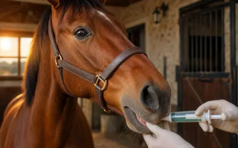 Un cheval brun reçoit un médicament par seringue, une étape importante pour sa coproscopie.