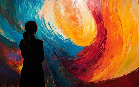 Silueta de una persona contemplando una obra de abstracción lírica, con vibrantes remolinos de azul, rojo y amarillo.