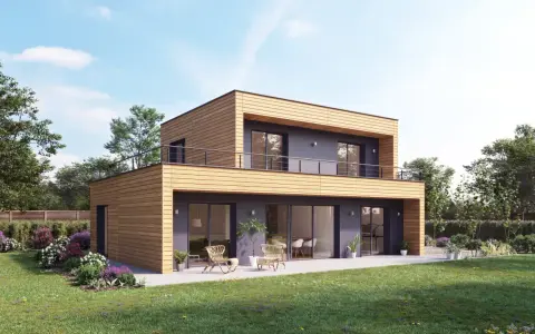 Maison bois moderne avec terrasse, jardin fleuri. Un bel exemple de maison booa prix m2 abordable et design.