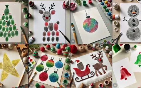 Creaciones navideñas con huellas dactilares: árbol, reno, muñeco de nieve, estrella, adornos y campanas. ¡Manos navideñas llenas de arte!