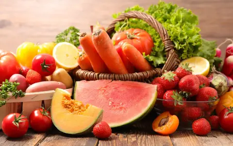 Frutas y verduras frescas, como tomates, fresas y zanahorias, ricas en licopeno que es un antioxidante.