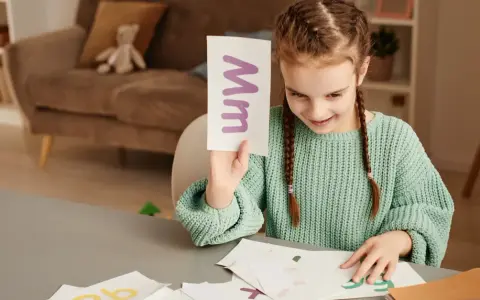 Dziewczynka uczy się liter, trzymając kartkę z literą "M". Na stole leżą inne karty z cyfry po śladzie do druku.