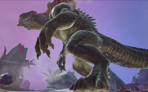 Gigantesco reptil con escamas verdes y moradas, con garras afiladas, en un paisaje alienígena. ¡Descubre los trucos de Ark para dominarlo!