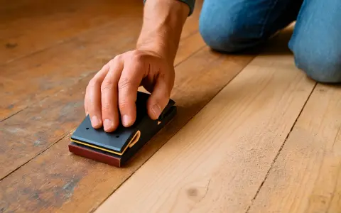 Main d'un artisan ponçant un plancher de bois avec un bloc abrasif, démontrant qu'il est possible de poncer sans ponceuse.