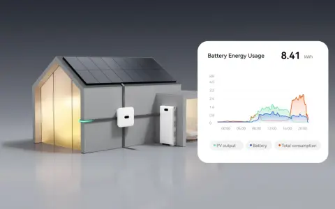 Hus med solpaneler och Huawei Luna2000 batteri. Graf visar energianvändning.