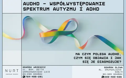 Tęczowa wstążka symbolizuje spektrum autyzmu i ADHD. Plakat informuje o współwystępowaniu tych zaburzeń.