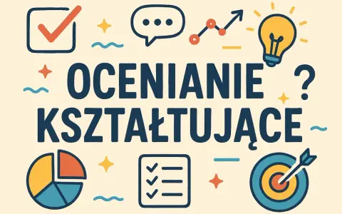 Ocenianie kształtujące w edukacji wczesnoszkolnej: przykłady. Grafika z ikonami symbolizującymi naukę, rozwój i cele.