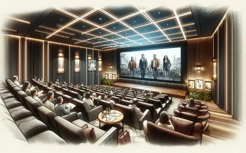 Un pubblico attento si prepara ad andare al cinema, seduto in comode poltrone davanti a un grande schermo che proietta un film.