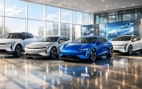 Vier elegante Elektroautos der Marke Zeekr stehen in einer hellen Halle. Ein blauer Sportwagen dominiert die Mitte.