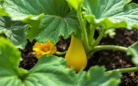Un jeune courge butternut jaune, encore petit, se cache sous de grandes feuilles vertes. L'arrosage butternut est essentiel pour sa croissance.